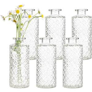 Clear Glass Bud Vase Set, 6pcs Mini Vintage Flower Vases for Wedding,Small Decorative Bottle Flower Vases for Centerpiece, Christmas, Party, Home Decor, Housewarming Gift, Diamond Clear Glass Bud Vase Set, 6pcs Mini Vintage Flower Vases for Wedding,Small Decorative Bottle Flower Vases for Centerpiece, Christmas, Party, Home Decor, Housewarming Gift, Diamond