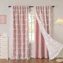 MYSKY HOME Pink Curtains for Girls Room 84 Inches Long Nursery Curtains Girl for Kids Room Double Layer White Pom Pom Sheer Living Room Darkening Window Drapes Back Tab, W52 X L84, 2 Pieces