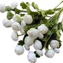 8pcs Artificial Ranunculus Asiaticus Flower Branch with Green Leaves 3 Heads Faux Peony Stem for Wedding Home Office Table Floral Decoration (White)