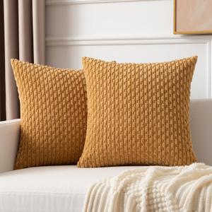 Kevin Textile Decorative Pillow Covers Set of 2 Striped Plush Corduroy Pillows Pillowcases Boho Home Decor Cushion Covers for Couch Sofa Bed Living Room 24x24 Inch, Gold