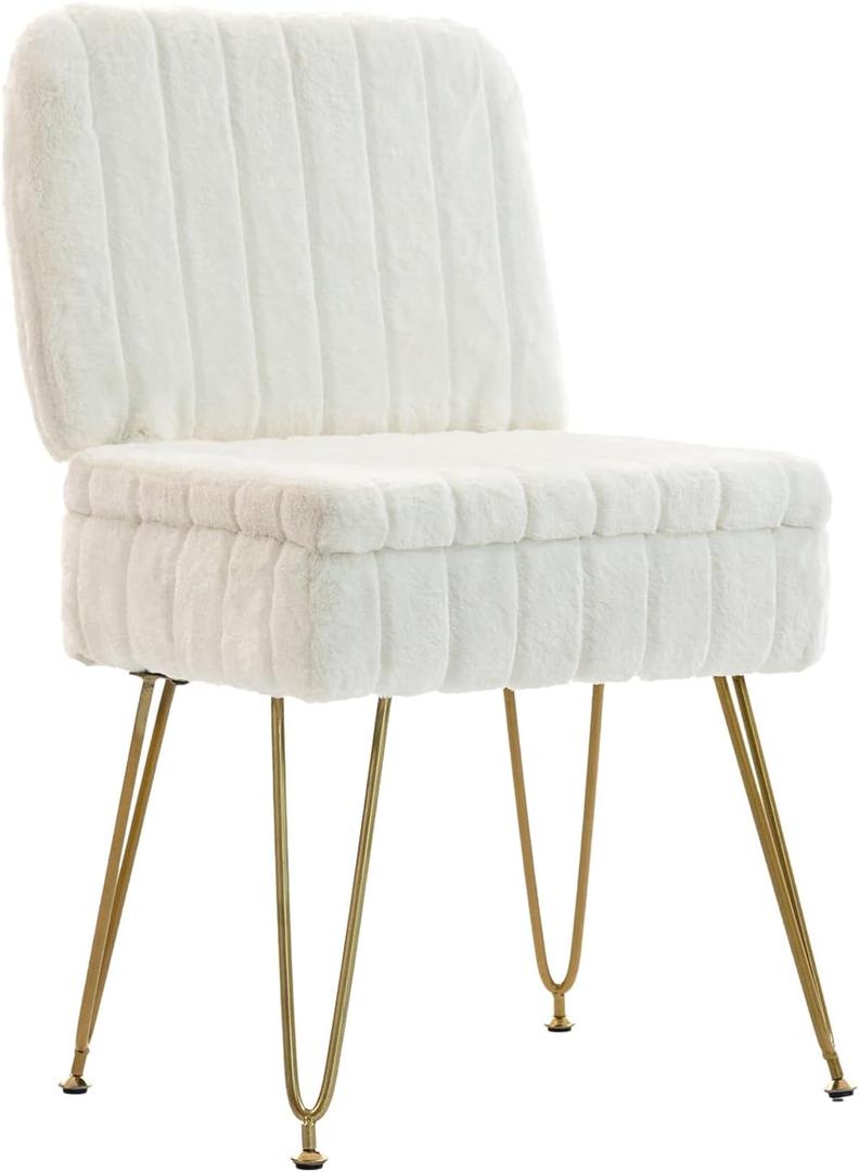 Vanity Chair with Storage, Comfy Ottoman with Folding Back, Faux Fur Vanity Stool with 4 Metal Legs for Make Up, Furry Padded Seat with Anti-Slip Feet for Bedroom Dressing Room