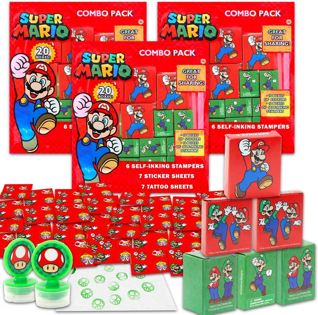 Super Mario Party Favors Bulk Set ~ Bundle with 60 Pieces Mario Favor Boxes with Stickers and Stampers for Kids Birthday Party | Mario Classroom Prize Boxes