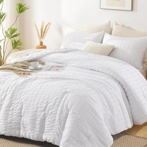 AveLom Seersucker Queen Comforter Set (90x90 inches), 3 Pieces - 100% Soft Washed Microfiber Lightweight Comforter with 2 Pillowcases, All Season Down Alternative Comforter Set for Bedding, White
