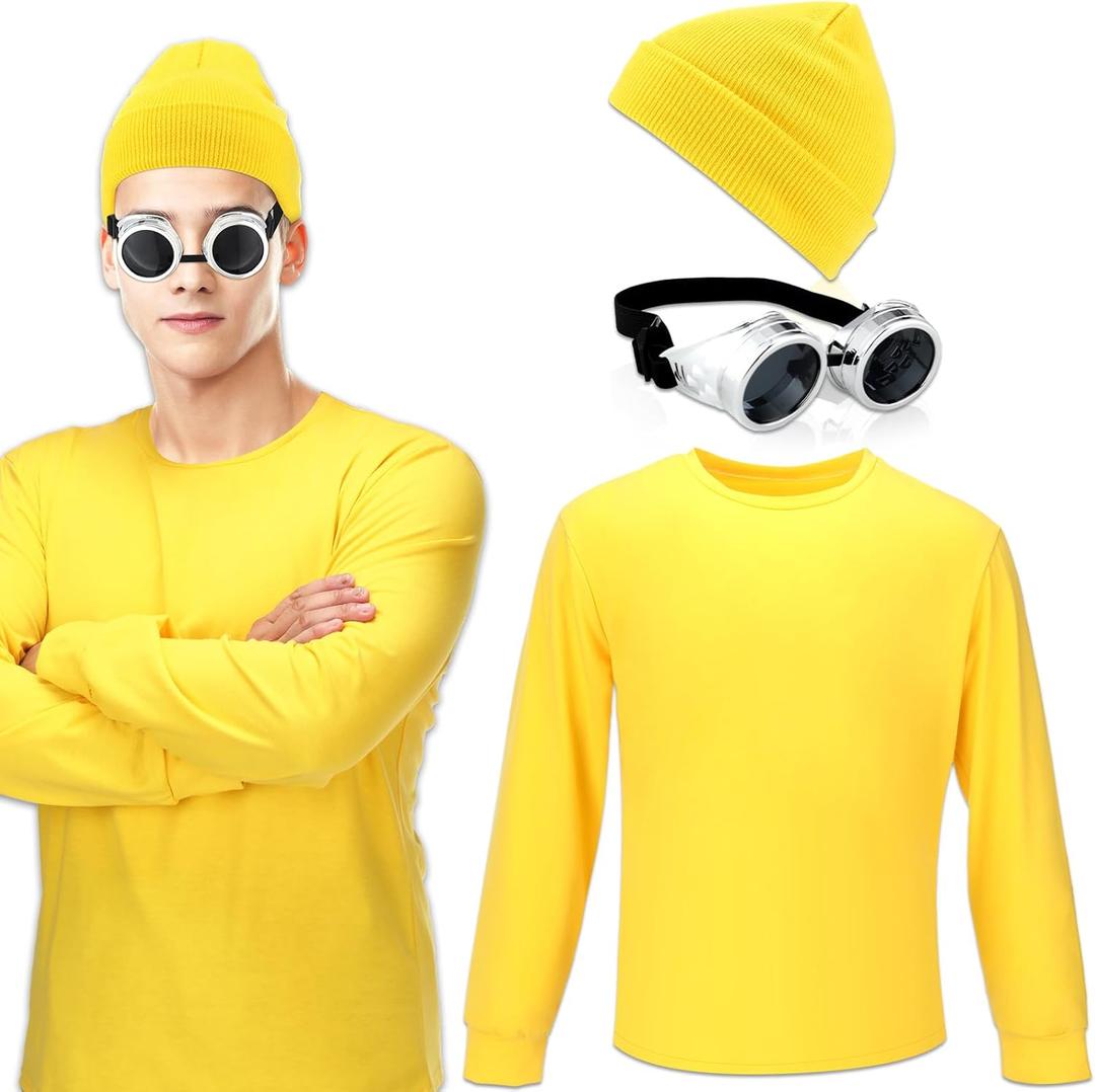 Ramede 3 Pcs Simple Halloween Costume Set Includes Yellow Long Sleeve T-Shirt Cuffed Beanies Hat and Steampunk Goggles (2 X-Large for Adult)