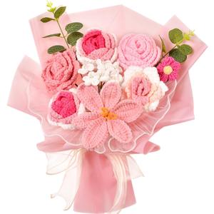 Crochet Flowers Bouquet, Crochet Rose Tulip Knitted Flower for Mother's Day, Valentine's Day, Anniversary, Wedding, Birthday, Home Dcor, Gifts for Mom, Lovers, Friends, Pink