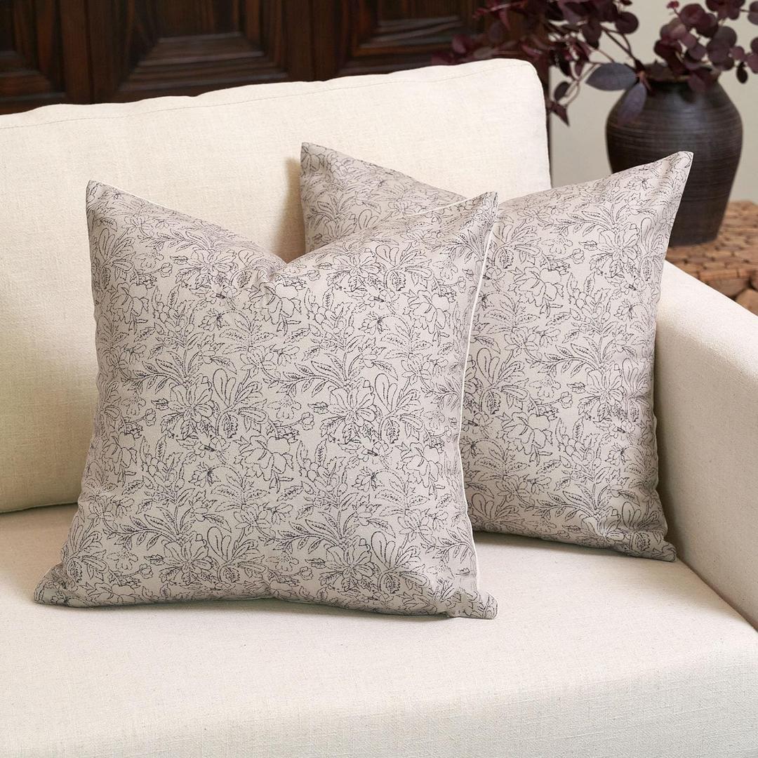 Amor Virisso Floral Throw Pillow Covers 18x18 Set of 2 Vintage Block Print Pillow Covers Decorative Pillow Covers Couch Pillows for Living Room Farmhouse Accent Sofa Pillows, Black/Sand