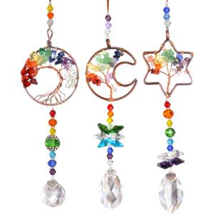 3pcs Rainbow Chakra Crystal Suncatcher Windows Hanging Tree of Life Sun Catchers Decor with Prisms for Car, Feng Shui Charms Decor for Home (Style1)