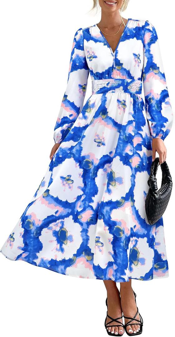 PRETTYGARDEN Women's Floral Midi Dress Casual Fall V Neck Long Sleeve Flowy Spring Beach Wedding Guest Vacation Dresses (Blue, XXL)