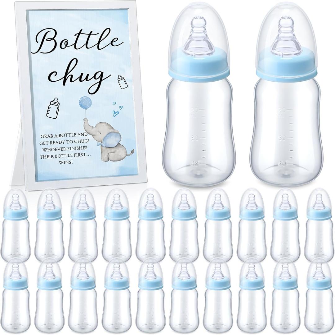 Roowest Bottle Chug Baby Shower Game Favors Including Blue Elephant Theme Wooden Sign and 18 Pcs Baby Bottles for Gender Reveal Party Supplies