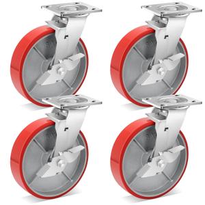 W B D WEIBIDA Heavy Duty Casters Set of 4, 8 Inch Industrial Locking Caster Wheels with 6000 LBS, No Noise Polyurethane Wheel on Steel Hub Swivel Plate Caster for Tool Cart, Workbench(4 Brake)