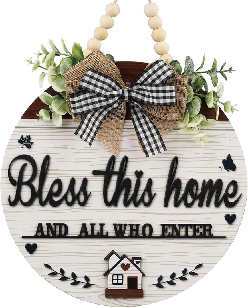 3D Bless This Home And All Who Enter Wooden front Door SignsDoor Decorations Hanging,Christian Jesus Home Porch Wall DecorSpring WreathsDoor Wreaths for Front Door Outside All Season (white)