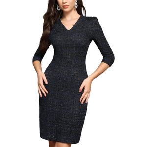 M.Infisavo Sheath Dresses for Women 2026 Notch V Neck 3/4 Sleeves Slim Fit Office Pencil Dress (Dark Blue and Black, XS)