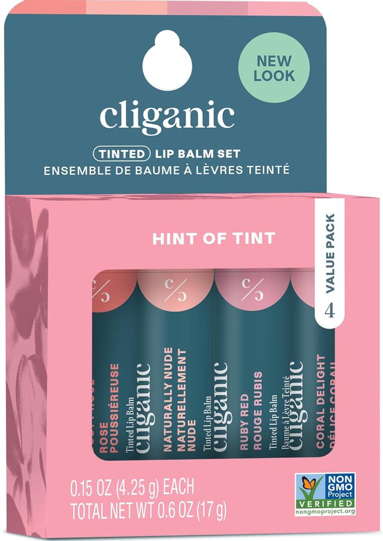 Cliganic Tinted Lip Balm Set - 4 Colors, Hydrating, Enriched with Vitamin E, Cruelty Free, Stocking Stuffer Gift (0.6 Ounce (Pack of 1))