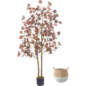 Artificial Eucalyptus Tree, 5ft Fake Eucalyptus Plant with Basket, Red Silver Dollars Silk Leaves Faux Tree for Home Office Perfect Housewares Gift Decoration