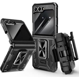 VEGO for Galaxy Z Flip 6 Case, 360° Rotatable Ring Kickstand & Belt Clip Holster & Privacy Camera Screen Protector & Hinge Protection, Shockproof Case for Samsung Flip6 5G - Privacy Black