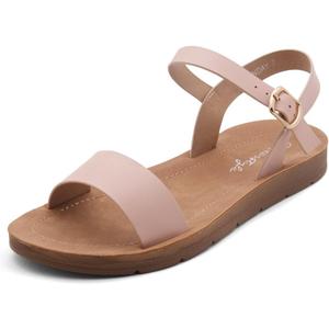 Herstyle Flat Sandals for Women – Open Toe One Band Ankle Strap Summer Dressy Sandals, Lightweight Casual Strappy Slip-On Flats with Adjustable Buckle, Nude, Size 8.0, Monday