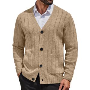 COOFANDY Men's Cardigan Sweater Cable Knit V Neck Button up Sweaters Ribbed Cardigan Sweater with Pockets (Beige, L)