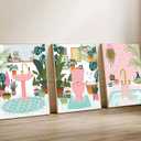 3Pcs Pink Bathtub Plant Canvas Wall Art Maximalist Botanical Bathroom Posters Prints Paintins Pink toilet bathtub sink Wall Decor Pictures for Washroom Artwork Home Decoration Unframed