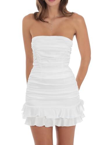 Mizoci Women's Sexy Tube Top Bodycon Mini Dress Strapless Ruffle Bow Back Ruched Party Short Dresses, Small, light blue