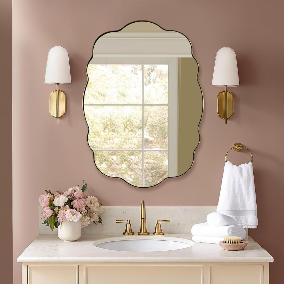 ANDY STAR Brushed Gold Wavy Scalloped Mirror - 22x30 Inch Oval Bathroom Mirror, Rust-Proof Anti Rust Stainless Steel Wall Mount Horizontal or Vertical