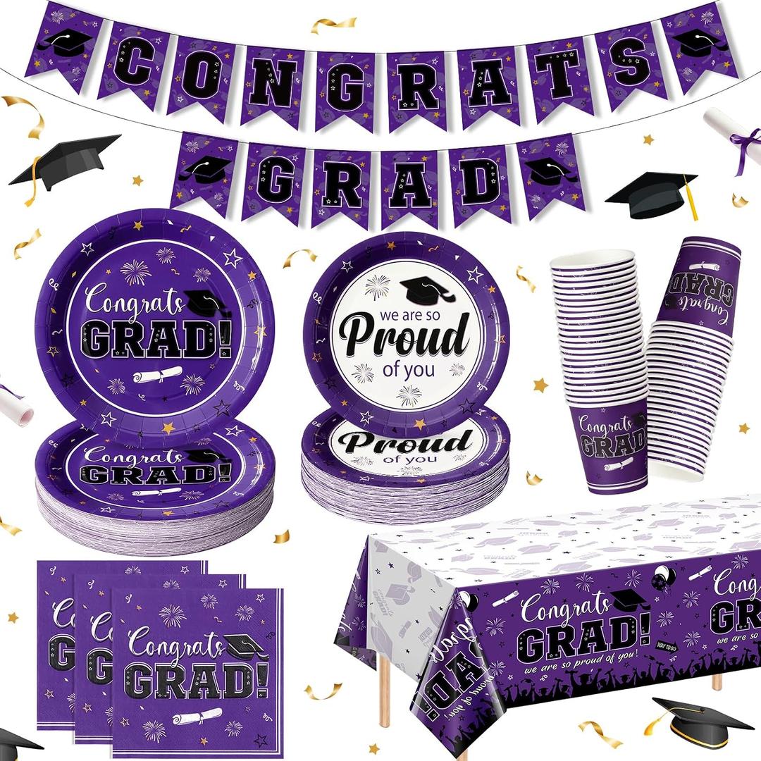 Graduation Plates and Napkins Set Serve 50, Class of 2026 Graduation Party Dinnerware Set, Purple Disposable Paper Plates Napkins Banner Tablecloth for Graduation Congrats Grad Party Supplies
