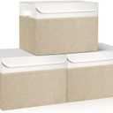 Large 17" 42 Quarts Collapsible Stackable Storage Bins with Lids [3-Pack] Foldable Fabric Linen Storage Boxes Cube, Closet Organizer Baskets with Label (16.7 x 12 x 12, Beige & White)