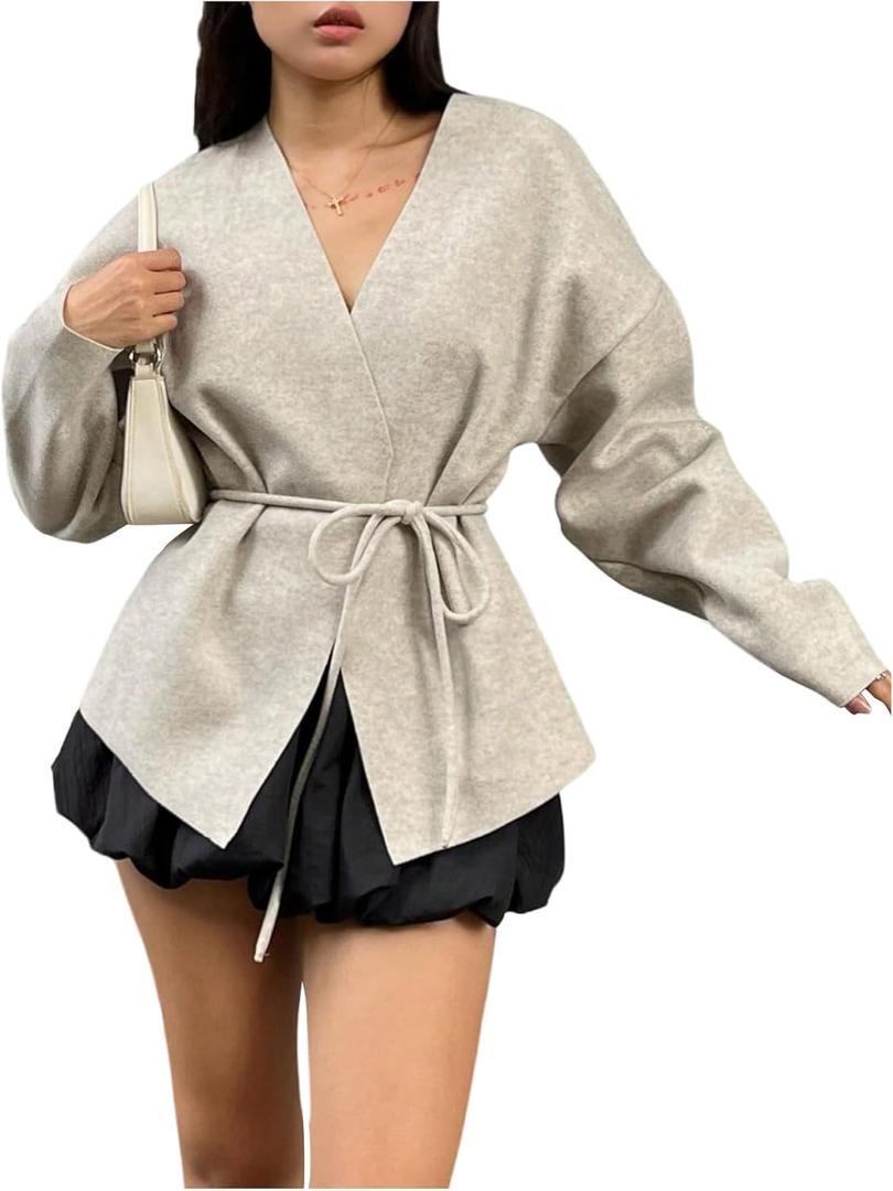 Verdusa Women's Fall Clothes Cardigan Sweaters Wrap Sweater Long Sleeve Tie Knot Sweaters Outerwear (Apricot), Small