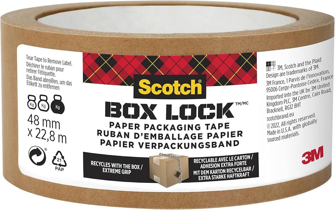 Scotch Box Lock Paper Packing Tape, Kraft Brown, Extreme Grip Kraft Paper Tape That Recycles with The Box, Shipping Tape, 1.88 in. x 25 yd., 8 Tape Rolls