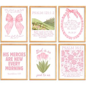 Set of 6 Trendy Pink Christian Canvas Wall Art Bible Verses Preppy Posters Coquette Pink Bow Biblical Painting Pictures Religious Scripture Prints for Girls Room Dorm Apartment Living Room Bedrom