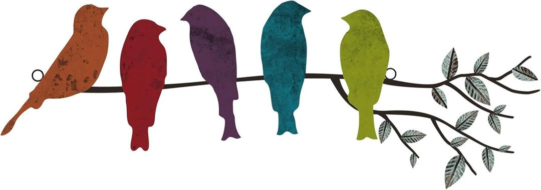Ferraycle Metal Bird Wall Art - Birds on Branch with Leaves - Metal Sculpture Wall Hanging Sign for Balcony, Garden, Home Decor(Fresh Colors)
