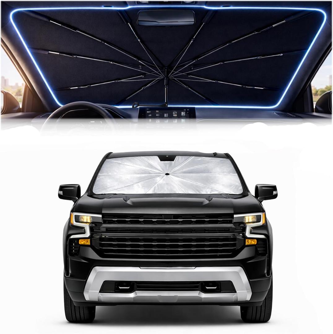 Car Windshield Sun Shade Umbrella - Custom-Fit for Chevrolet Silverado 1500&GMC Sierra 1500 2500 3500 2019-2026 Umbrella Sunshade,UV Protection & Heat Reflective,Keep Interior Cooler