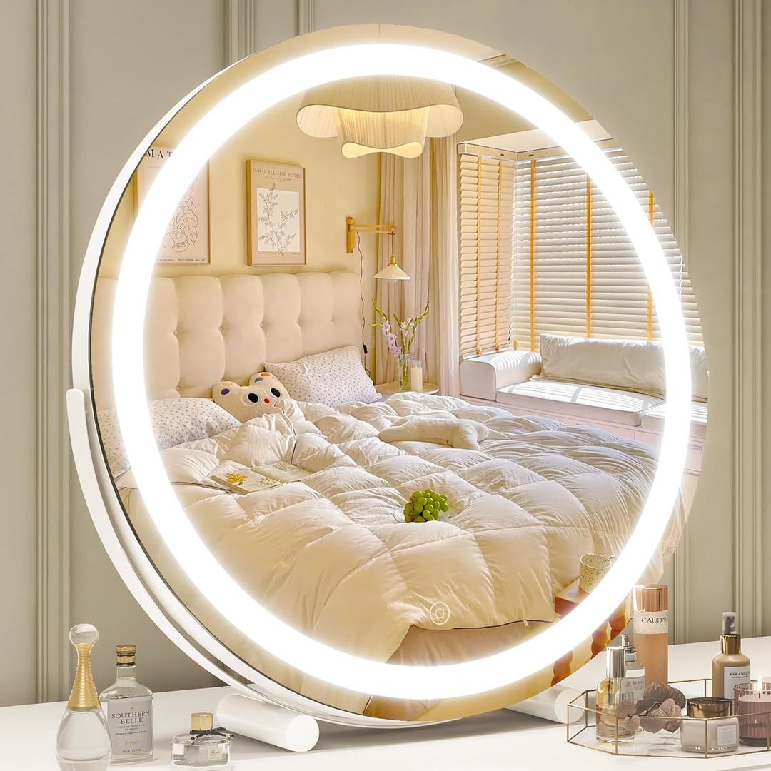 Vanity Mirror with Lights, 18 Inch Lighted Makeup Vanity, Smart Touch Control, 3-Color Dimmable Round Design, 360 Rotating Tabletop Mirror (White) (18"L x 18"W)