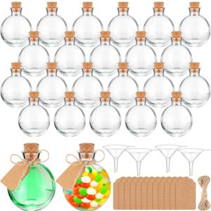 Baderke 24 Sets 5 oz Mini Glass Bottle with Cork Lids Round Small Decorative Jar Ball Shaped Glass Potion Bottles with Tags, Ropes and Funnels for DIY Crafts Wedding Birthday Party Favor Gift