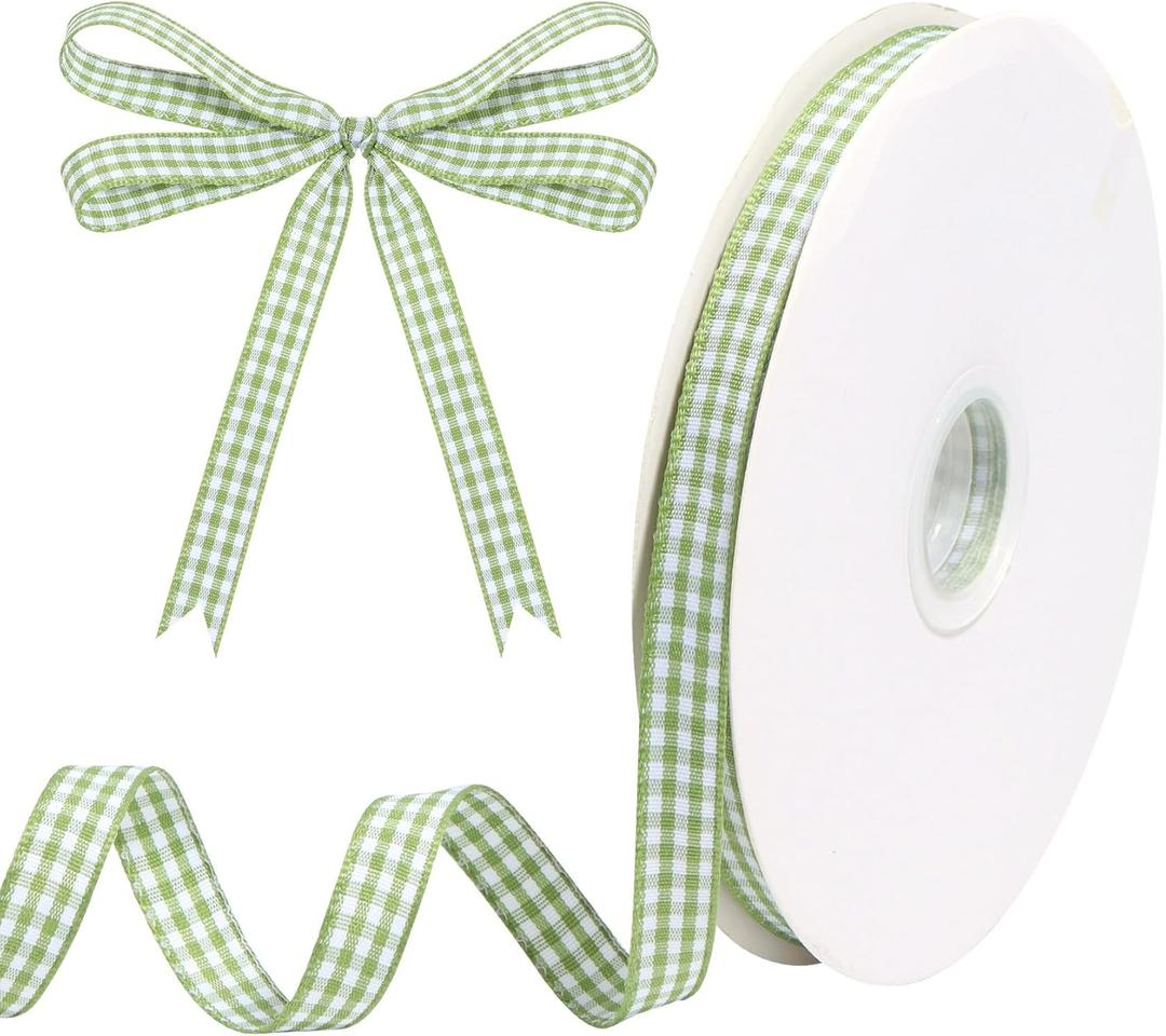 Sage Green Gingham Ribbon for Gift Wrapping, Sage Green and White Classic Checkered Plaid Buffalo Ribbon for Crafts Flower Bouquet Christmas Wedding Birthday Decoration 3/8 inch x 50 Yards