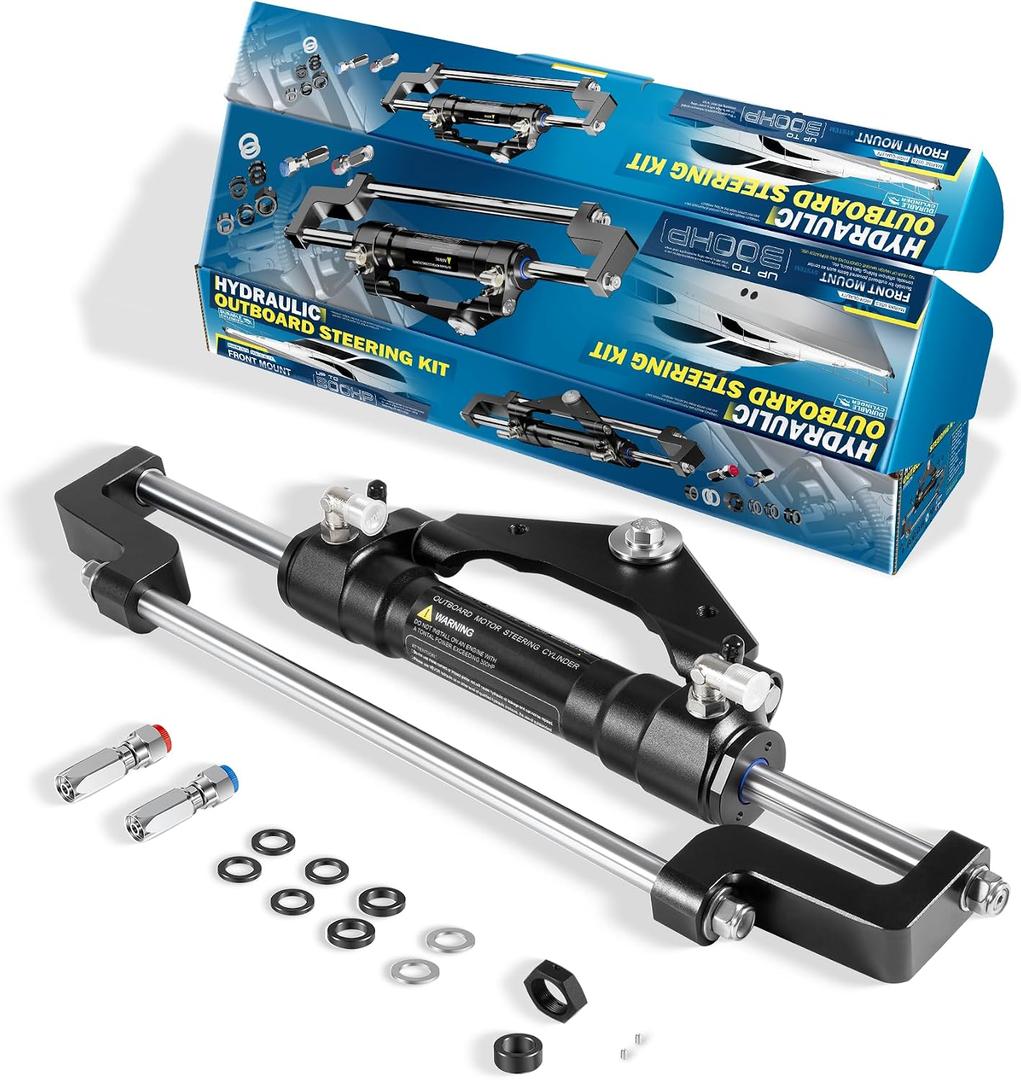 Camoo HC5345-3 Hydraulic Steering Cylinder Front Mount Helm Replace for Seastar 300HP Outboard Steering Cylinder HC5345-3, Max Pressure 10.3MPa/1500PSI with Two-Way Lock Valve and ORB Fittings