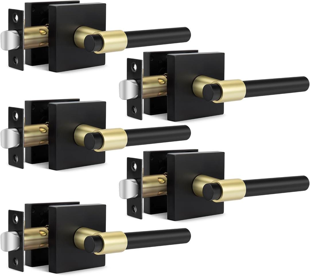 Goldenwarm 5 Pack Black and Gold Passage Door Handles, Matte Black Closet Door Handles, Black and Gold Interior Lever Door Handle for Hallway, Closet(Square, Zinc Alloy)