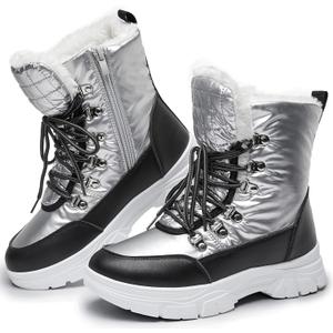 Rominz Womens Winter Snow Boots with Zipper Warm Fur Lined Mid Calf Ankle Booties for Women Comfortable Outdoor Anti Slip Boots (7, Silver)