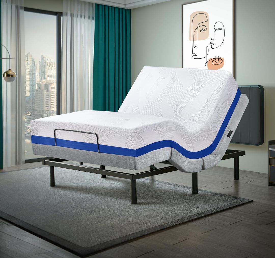 Premium Queen Adjustable Bed Base with 12 Inch Gel Memory Foam Mattress 
