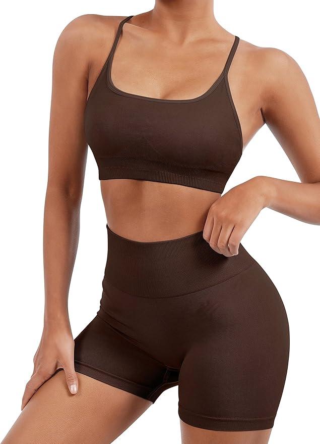 Women Seamless 2 Piece Workout Sets Criss Cross Sports Bra High Waist Booty Shorts XL