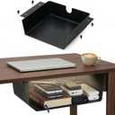 2 Pack Under Desk Hanging Shelf Drawer Organizer, Attachable Plastic Hidden Storage Tray, Easy Adhesive Mount Holder for Standing Tables, Office, Counters, Cabinets, Workstations - Black