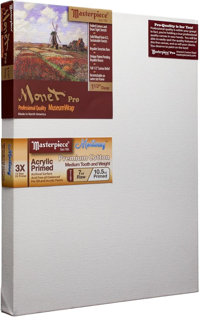 Masterpiece ZSMM-1218 Monet Pro 1.5" Deep Monterey 10.5 oz Cotton Medium Texture Stretched Artist Canvas 12" x 18" 3 Pack