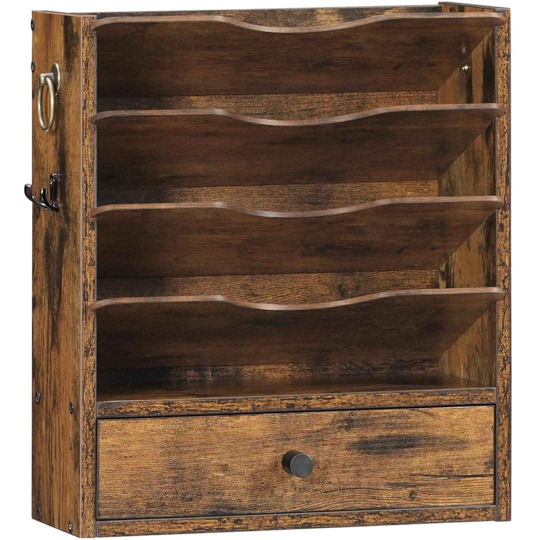 Wall File Organizer, Mail Organizer Wall Mounted, Wooden Mail Sorter, Construction Paper Holder with Drawer Storage and 2 Hooks, for Office, Classroom, Home, Greige BG14WF01