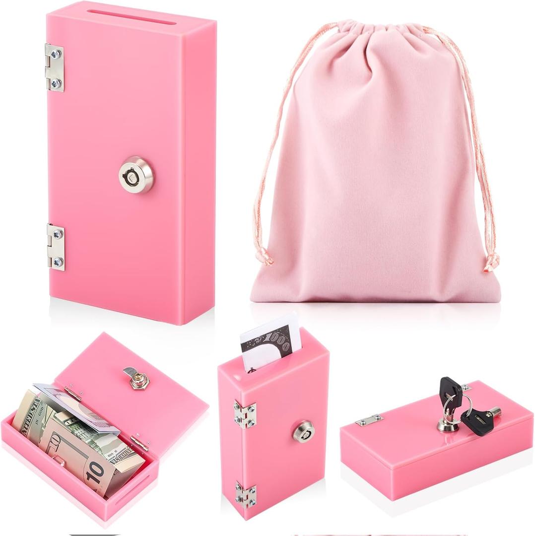 Acrylic Box for Gambler, Winners Bank Portable Safe Casino Money Pocket Sized Cash Box with 2 Keys and Storage Bag(Pink,1 Pack)