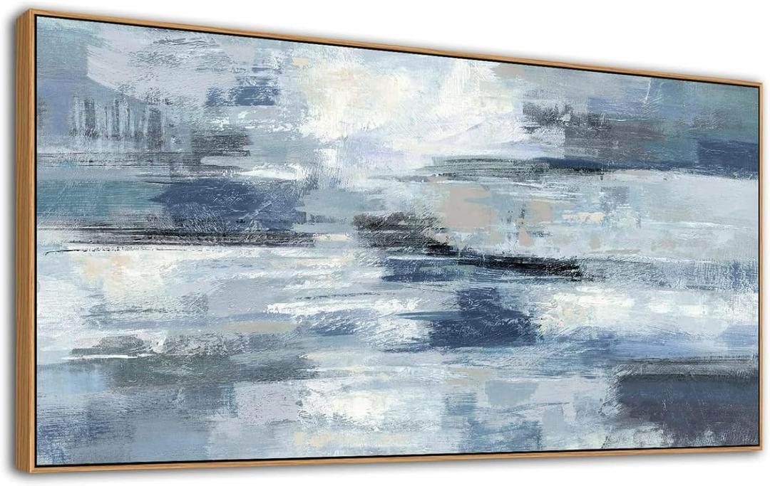 Blue Gray Abstract Canvas Wall Art Haze Blue Painting Textured Navy and Silver Pictures for Bedroom Abstract Skyline Artwork Living Room Wall Dcor 40x20 Inch (40L" x 20W", Blue Silver)