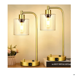 Set of 2 Industrial Table Lamps with Clear Glass&Gold(Base)-Two Bulbs Included