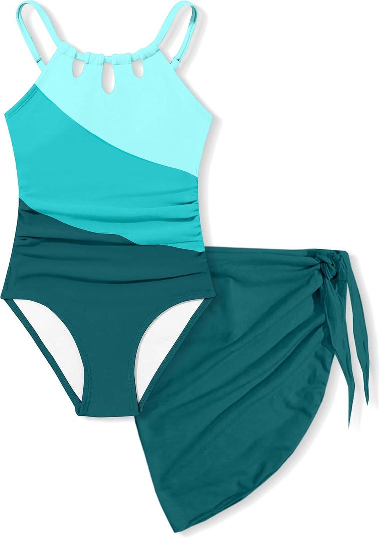 KANGKANG Girls Swimsuit Quick Dry Cut Out One Piece Swimsuits with Tropical Print Cover Up Skirt Bathing Suit Swimwear 7-18Y (13-14 Years, Light Cyan+dark Green)