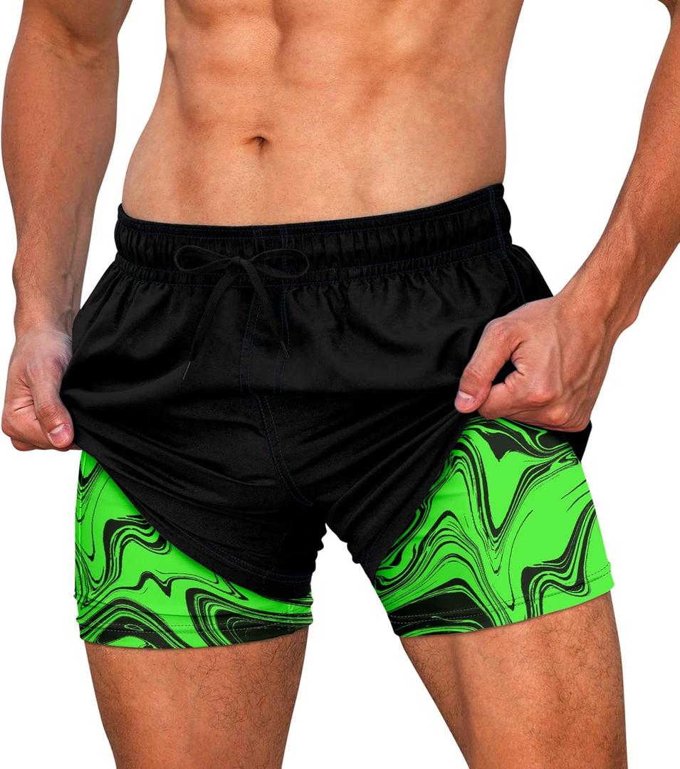 Cozople Mens Swim Trunks Quick Dry Bathing Suit with Compression Liner 5.5" Inseam Anti Chafe Beach Swim Shorts (Small, Green)