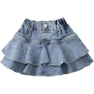 Flofallzique Little Girl's Denim Skirts Mini Flared Pleated Toddler Jean Skorts with Shorts Underneath (4T)