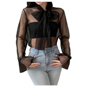 GORGLITTER Women's Sheer Mesh Bow Tie Front Work Blouse See Through Flare Long Sleeve Business Shirt Top Black, Size: XL