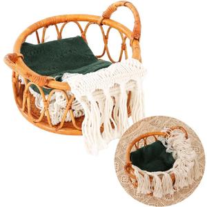 Kate Newborn Photography Props Rattan Circular Basket Handcrafted Bed Mini Doll Bed with Boho Woven Blanket and Stretch Wrap for Baby Photography Posing Props Photoshoot Kate Newborn Photography Props Rattan Circular Basket Handcrafted Bed Mini Doll Bed with Boho Woven Blanket and Stretch Wrap for Baby Photography Posing Props Photoshoot